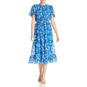 Shoshanna Blue Villa Floral Flutter Sleeve Midi Dress SZ 8 Cocktail Flowy‎